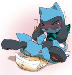 balls bandana blue_fur blush canine closed_eyes crying diaper edit fur japanese male mammal nintendo peeing penis pokémon_(species) pokemon riolu satsuki_rabbit tears text translation_request uncensored urine video_games wet_diaper young