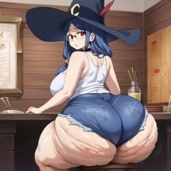 ai_generated big_ass blue_hair cellulite denim_shorts fat_ass huge_ass little_witch_academia long_hair milf pointer_warrior_ai short_shorts thick_ass thick_thighs ursula_callistis witch_hat