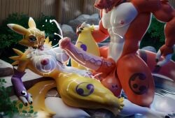 3d ai_generated anthro bathing big_ass big_balls big_breasts big_penis creamhorseai cum cum_on_body cum_on_breasts cum_on_face digimon female guilmon huge_balls huge_breasts huge_cock hyper_penis male male/female renamon