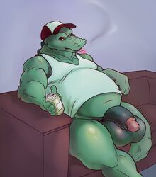 alcohol athletic balls beer beer_can beverage biceps big_balls bottomless can cigarette clothed clothing crocodile crocodilian flaccid green_balls green_penis hat huge_balls male male_only night_in_the_woods overweight overweight_male partially_clothed pecs penis reptile scalie shirt sitting smoke smoking sofa solo spike_(disambiguation) tank_top teeth unknown_artist