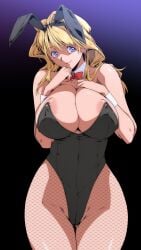 1girls 2019 absurd_res animal_ears areola_slip areolae ass_visible_through_thighs bare_shoulders black_hairband black_leotard blonde_hair blue_eyes bow bowtie breast_suppress breasts bunny_ears bunny_girl bunnysuit christine_garland cleavage clothing covered_navel detached_collar fake_animal_ears female female_only fishnet_pantyhose fishnets hairband hand_on_chest head_tilt highleg highleg_leotard highres huge_breasts leotard long_hair looking_at_viewer pantyhose sakura_na_omiki simple_background smile smirk solo standing strapless strapless_leotard super_real_mahjong super_real_mahjong_p6 teeth thick_thighs thigh_gap thighs wide_hips wrist_cuffs