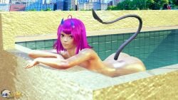 3d_(artwork) ass_cleavage city_background cosmixlewds daytime female highres honey_select honey_select_2 light-skinned_female lighting nude_female original_character outdoors pool purple_eyes purple_hair realistic rosetta_valliere_(cosmixlewds) shiny_skin starling_heroes succubus succubus_horns succubus_tail water watermark