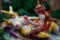 3d ai_generated anthro bathing big_ass big_balls big_breasts big_penis creamhorseai cum cum_on_body cum_on_breasts cum_on_face digimon female guilmon huge_balls huge_breasts huge_cock hyper_penis male male/female renamon