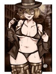 1female 1girl 1girls 2d 2d_artwork :3 belly_button bikini blonde_hair bra breasts cleavage don_quixote_(limbus_company) drawn female female_focus female_only hat hips jacket limbus_company medium_breasts midriff monacle monochrome monocle navel one_eye_closed one_eye_covered one_eye_open panties plump project_moon short_hair skimpy_clothes solo solo_female solo_focus sweat sweatdrop sweating sweaty thick_thighs thighhighs thighs underwear undressing valentine_gaz wide_hips yellow_eyes