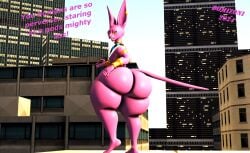 2024 3d_(artwork) anthro ass beerus big_butt bottomless city city_background cityscape clothed clothing dialogue digital_media_(artwork) domestic_cat domizoni dragon_ball dragon_ball_super felid feline felis hi_res jewelry looking_at_viewer looking_back male male_only mammal pink_body solo source_filmmaker_(artwork) text thick_thighs