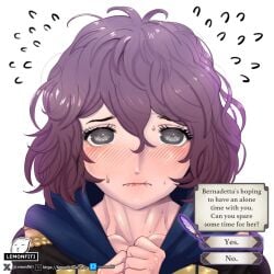 1girls bernadetta_von_varley biting_lip black_eyes english_text female female_only fire_emblem fire_emblem:_three_houses gameplay_mechanics garreg_mach_monastery_uniform hair_between_eyes hoodie lemonfiti looking_at_viewer nervous nintendo own_hands_together purple_hair short_hair solo sweat take_your_pick text upper_body white_background