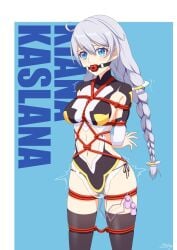 ball_gag blue_eyes bondage gag honkai_(series) honkai_impact_3rd kiana_kaslana plugsuit thighhighs tied_up vibrator vibrator_cord vibrator_in_thighhighs white_hair