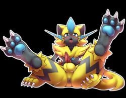 1boy 2017 anthro anus ass black_background black_fur blue_eyes blush claws feet feline fur furry hand_on_ass kivwolf leaning leaning_back legendary_pokémon legs_up looking_at_viewer male male_only male_zeraora mammal nintendo nude open_mouth pawpads paws penis pokémon_(species) pokemon pokemon_usm presenting presenting_anus presenting_hindquarters simple_background sitting solo solo_male spread_legs spreading tail teeth testicles text thick_thighs tongue tongue_out veins veiny_penis video_games whiskers white_border white_fur yellow_fur zeraora