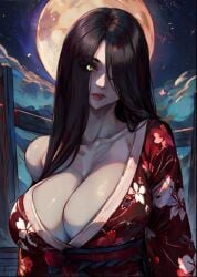 1girls 2d ai_generated bare_shoulder big_breasts black_hair breasts cleavage female glowing_eyes green_eyes hisako_(killer_instinct) killer_instinct kimono long_hair looking_at_viewer nightmare_waifu obi pale_skin rareware solo source standing tampopo