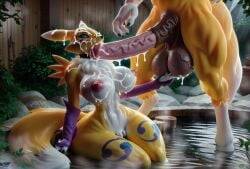 3d ai_generated anthro bathing big_ass big_balls big_breasts big_penis creamhorseai cum cum_on_body cum_on_breasts cum_on_face digimon female guilmon huge_balls huge_breasts huge_cock hyper_penis male male/female renamon