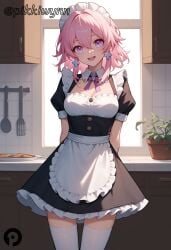 :d ai_generated apron arms_behind_back bangs black_dress breasts buttons cleavage cowboy_shot detached_collar dress earrings female food frilled_apron frills frying_pan hair_between_eyes honkai:_star_rail honkai_(series) indoors jewelry kitchen looking_at_viewer maid maid_headdress march_7th_(honkai:_star_rail) medium_breasts medium_hair multicolored_eyes open_mouth pikkiwynn pink_eyes pink_hair plant puffy_short_sleeves puffy_sleeves short_sleeves smile solo spatula standing teeth thighhighs upper_teeth_only white_apron white_thighhighs window