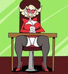 hazbin_hotel katie_killjoy panties pantyshot simple_background solo spread_legs stockings thick_thighs upskirt whitepanties