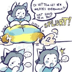 anthro big_breasts blush breasts female huge_breasts hyper hyper_breasts milk nucr4r onomatopoeia solo sound_effects speech_bubble temmie_(undertale) text undertale undertale_(series)