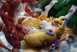 3d ai_generated anthro bathing big_ass big_balls big_breasts big_penis creamhorseai cum cum_on_body cum_on_breasts cum_on_face digimon female guilmon huge_balls huge_breasts huge_cock hyper_penis male male/female renamon