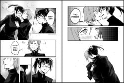 2girls black_and_white blush english_text female female_only human jujutsu_kaisen kugisaki_nobara lesbian_kiss lesbians monochrome multiple_girls speech_bubble tagme text wholesome yuri zenin_maki