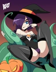 bigdeadalive blue_eyes female halloween halloween_costume high_heels lemmy_(zone) looking_at_viewer panties pumpkin purple_hair purple_panties spread_legs tentacle thighhighs witch witch_hat zone-tan