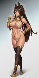 :/ animal_ears anubis_(houtengeki) armlet bangs bare_shoulders black_legwear breasts brown_hair cameltoe cleavage closed_mouth covered_nipples cross dark-skinned_female dark_skin detached_collar dog_ears egyptian female female_only fringe full_body gold_heels hand_on_hip houtengeki large_breasts long_hair looking_at_viewer navel original ponytail red_eyes shoes sling_bikini smile solo standing stomach swimsuit thighhighs usekh_collar very_long_hair