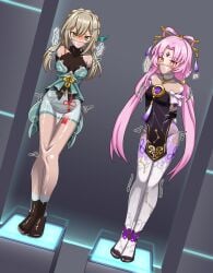 2girls angry angry_face beige_hair bondage fu_xuan_(honkai:_star_rail) gag gagged honkai:_star_rail honkai_(series) jpeg purple_hair qingque_(honkai:_star_rail) rubber rubber_suit tied_up