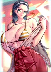 1girls bare_arms bare_shoulders big_breasts black_hair blue_eyes bra clothed clothing color female female_focus female_only hair_slicked_back hakama hi_res japanese_clothes large_breasts light-skinned_female light_skin long_hair looking_at_viewer mifenami miko nico_robin one_piece post-timeskip shounen_jump solo solo_female tagme thick_thighs undressing