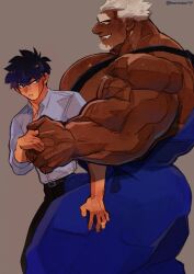 balls bara big_balls big_muscles big_penis blush bulge clothing facial_hair flaccid gay male male_only marototori muscles muscular overalls penis shirtless size_difference