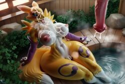 3d ai_generated anthro bathing big_ass big_balls big_breasts big_penis creamhorseai cum cum_on_body cum_on_breasts cum_on_face digimon female guilmon huge_balls huge_breasts huge_cock hyper_penis male male/female renamon