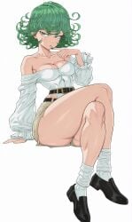 1female 1girls ai_generated ass belt cameltoe cleavage curvy curvy_figure female floating green_eyes green_hair legs_crossed medium_breasts midriff off_shoulder one-punch_man shorts sitting solo tatsumaki tekan4982 thick_thighs white_background