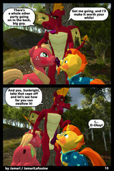 2017 3d anthro ball_lick balls big_macintosh_(mlp) blush clothing comic dragon erection fellatio forest friendship_is_magic garble_(mlp) group group_sex jamari licking male membranous_wings my_little_pony oral penis precum scales scalie sex standing text threesome tongue tongue_out tree wings yaoi