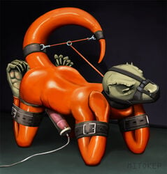 all_fours anthro bitchsuit bondage bound closed_eyes cum erection forced forced_orgasm fully_bound humanoid_penis lizard machine male male_only malesub milking_machine mitokep muzzle_(object) muzzled orgasm penis penis_milking reptile rubber scalie solo tail_bondage