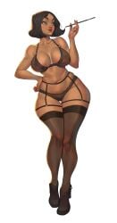 1girls big_breasts black_hair breasts cigarette_holder female garter_belt garter_straps lingerie mick_cortes nipples nipples_visible_through_clothing solo thick_thighs wide_hips