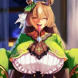 1girls ai_generated brown_hair brunette_hair cinderhee corset diamond facing_viewer fancy_clothing female female_only frail horse_ears indoors jewlery lewd_expression long_hair long_sleeves longue_tongue looking_at_viewer multicolored_hair ornament playful playful_smile ribbon satono_diamond_(umamusume) sleeves solo_female tagme tongue tongue_out umamusume umamusume_pretty_derby very_long_hair very_long_sleeves white_hair window yellow_eyes