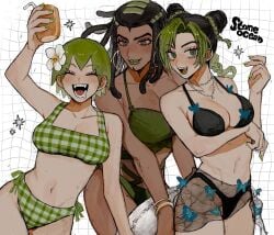 3girls bikini black_hair braid braided_ponytail closed_eyes dark_skin double_bun dreadlocks earrings ermes_costello flower foo_fighters foo_fighters_(jojo) green_eyes green_hair green_lips green_nails grey_eyes hair_bun hair_flower hair_ornament highres hoop_earrings jewelry jojo's_bizarre_adventure jolyne_kujo kuujou_jolyne looking_at_viewer multicolored_hair multiple_girls nail_polish necklace neg_50asu open_mouth smile stone_ocean swimsuit