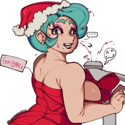 ass bananamusicc bare_shoulders black_lipstick brawl_stars breasts christmas cleavage earrings female female_only headgear lola_(brawl_stars) looking_at_viewer looking_back makeup santa_hat short_hair sideboob smile speech_bubble sweat tag tagme teal_hair viewed_from_behind wrapped