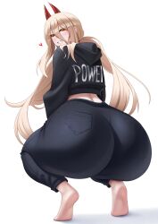 1girls ass ass_bigger_than_head ass_bigger_than_torso barefoot big_ass blonde_hair bottom_heavy bubble_butt chainsaw_man clothing cropped_jacket crouching fat_ass female female_only horns huge_ass jacket jeans large_ass long_hair looking_at_viewer looking_back luunamito massive_ass pants png power_(chainsaw_man) smile solo squatting text_on_clothing thick_ass thick_thighs thunder_thighs wide_hips