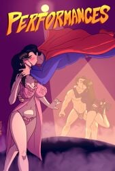 1boy 1girls banana_hammock black_hair blue_eyes clark_kent comic comic_cover commission commissioner_upload cover dc dc_comics kissing leg_lift lingerie pink_nail_polish pink_nails superman superman_(series) the-arthman title top_hat watermark zatanna zatanna_zatara
