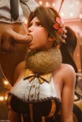 1boy 1girls 3d blender blender_(software) blowjob brown_eyes brown_hair eye_contact final_fantasy final_fantasy_vii final_fantasy_vii_rebirth final_fantasy_vii_remake honeybee_inn_uniform jessie_rasberry spectra3d sucking_penis