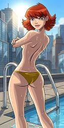 2d 2d_(artwork) arms_folded ass ass_focus backside blue_eyes braless brown_hair janet_van_dyne looking_back marvel marvel_comics pool the_avengers:_earth's_mightiest_heroes topless wasp_(earth's_mightiest_heroes) wasp_(marvel) webart20 wet_body yellow_bikini
