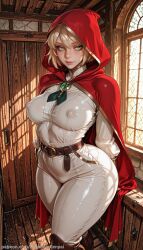 ai_generated ass backdoorsenpai big_ass blonde_hair boots breasts brown_belt brown_boots curvy egao elden_ring female fromsoftware golden_trim_on_hood green_brooch green_eyes green_jewel hood hooded_cloak large_pants leather_belt masterpiece medium_breasts midriff perky_breasts red_cloak red_hood roderika_(elden_ring) short_hair stretching thick_thighs thighs ultra-detailed white_dress white_pants wide_hips