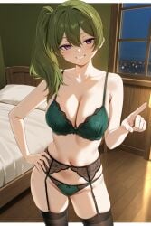 ai_generated bed bedside black_thighhighs black_trim blush contrapposto exusi_ai female frieren_beyond_journey's_end garter_belt green_bra green_eyes green_hair green_panties grin hand_on_hip letterbox lingerie night pointing_at_viewer skindentation ubel_(sousou_no_frieren) window wooden_floor wooden_wall