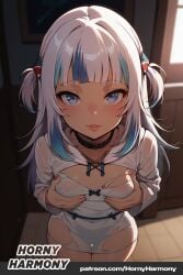 1girls 2026 ai_generated beautiful begging female gawr_gura girl hips holding_breasts hololive horny hornyharmony looking_at_viewer medium_shot obedience petite_female ripped_clothing seductive seductive_pose shark_hair_ornament shark_hood small_breasts solo translucent_clothing view_from_above white_dress