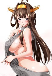 ahoge ass blush breasts brown_hair come_hither double_bun dress dress_pull exposed_shoulders female finger_to_mouth grey_sweater halterneck headgear huge_breasts kantai_collection kongou_(kantai_collection) large_breasts long_hair looking_at_viewer meme_attire open-back_dress parted_lips purple_eyes remodel_(kantai_collection) sideboob simple_background solo sweater turtleneck turtleneck_sweater virgin_killer_sweater white_background yuuki_hb