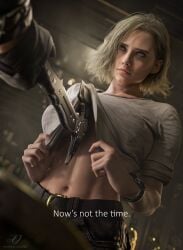 1boy 1girls 3d abs axe ayjokar belt biohazard black_pants blonde_female blonde_hair blue_eyes capcom dialogue english_text female female_focus fingerless_gloves gloves grace_ashcroft grace_ashcroft_(julia_pratt) hi_res inminent_sex jeans jokar leon_scott_kennedy leon_scott_kennedy_(eduard_badaluta) male navel pants resident_evil resident_evil_9:_requiem serious_look shirt shirt_lift shirt_up short_hair tagme text toned_abs toned_female underboob watching wavy_hair wristwatch