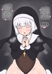 1girls christianity crucifix elara_(whomperfruit) english_text female female_focus female_only femsub horny horny_female kneeling navel nun nun's_habit nun_outfit original original_character praying skimpy_clothes skin_tight solo solo_female solo_focus steam submissive text thick_thighs white_hair whomperfruit