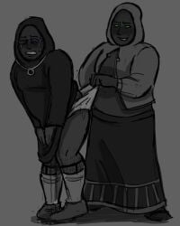 1boy 1boy1girl 1girls amulet artist_request aster_(look_outside) beryl_(look_outside) black_robe black_shoes blue_eyes bullying clothed clothed_female crying crying_with_eyes_open green_eyes hood hood_up hoodie long_skirt look_outside omorashi open_mouth peeing robe shoes skirt sobbing socks socks_and_shoes socks_on tagme teasing teeth teeth_clenched teeth_showing underwear underwear_pull urine wedgie white_underwear