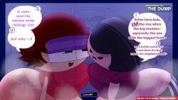 2girls anon anonymous_female anonymous_male ass_bigger_than_body ass_bigger_than_breasts ass_bigger_than_head big_ass big_breasts breast_fight breast_press breast_press_on_chest competition dumpster dumptruck_ass dumptruck_butt fanart glasses huge_ass huge_breasts hyper_ass looking_at_another looking_down maroon_clothing maroon_shirt musk musk_clouds no_panties no_pants oc original_character pants_down peeking_out peeping pulled_down_pants purple_lips purple_lipstick red_shirt sink_(sinktober) speech_bubble speech_bubbles sweat sweaty_ass tight_clothing tight_pants trash trash_can watermark zona01 zona_(zona01)