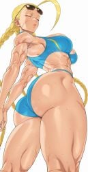 1female 1girl 1girls ahoge ai_generated amazon bikini blonde_female blonde_hair blue_bikini blue_eyes braid braided_ponytail cammy_white cammy_white_(cosplay) cammy_white_(fortnite) cammy_white_(street_fighter_6) capcom cleavage curvy eyewear eyewear_on_head huge_ahoge muscles muscular muscular_female street_fighter street_fighter_6 street_fighter_v stretching sunglasses sweat tekan4982 thick_thighs toned toned_body toned_female twintails