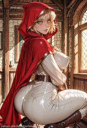ai_generated ass backdoorsenpai big_ass blonde_hair boots breasts brown_belt brown_boots curvy egao elden_ring female fromsoftware golden_trim_on_hood green_brooch green_eyes green_jewel highres hood hooded_cloak large_pants leather_belt looking_at_viewer masterpiece medium_breasts perky_breasts red_cloak red_hood roderika_(elden_ring) short_hair squatting thick_thighs thighs ultra-detailed white_dress white_pants wide_hips