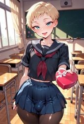 ai_generated blonde_hair chocolate cute_face femboy heart mesissyah narrow_waist pleated_skirt pov pov_eye_contact pov_male school school_uniform short_hair sissy skirt valentine's_day wide_hips