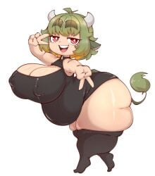 belly big_breast big_breasts bovine breast cow_ears cow_tail female green_hair horns mossyartburger mossyburger red_eyes shortstack solo tummy virtual_youtuber vtuber