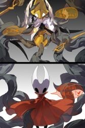 2025 2_panel_comic ambiguous_gender anthro arachnid arthropod black_arms black_body black_eyes black_legs bodily_fluids bottomless bottomless_anthro chinese_text cloak clothed clothing colored digital_media_(artwork) disarmed duo feather_tuft feathers female female/ambiguous female_(lore) fist genital_fluids gradient_background green_tentacles grey_background heart_symbol hi_res holding_both_legs holding_legs_open hollow_knight:_silksong hollow_knight_(franchise) hornet_(hollow_knight) looking_at_viewer machine melee_weapon metallic_body nonbinary_(lore) oxide_cat penetration questionable_consent red_cloak red_clothing reducing_bird restrained restrained_by_tentacles robot robot_anthro scared second_sentinel sex shaking simple_background sitting sitting_on_ground spread_legs spreading standing submissive submissive_female sword team_cherry tentacle tentacle_in_vagina tentacle_penetration tentacle_sex text translation_request tremble_lines tremble_spikes trembling tuft vaginal_fluid_puddle vaginal_fluids vaginal_fluids_on_ground vaginal_fluids_on_leg vaginal_penetration weapon white_body white_cloak white_clothing white_eyes white_feathers white_head yellow_body yellow_head