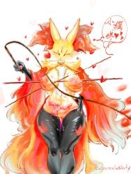 absurd_res ateeveelutinfp big_breasts blood bodily_fluids bondage breasts canid canine delphox female female/female generation_6_pokemon genital_fluids genitals gore hi_res inner_ear_fluff looking_pleasured mammal nintendo nipples nude pokemon pokemon_(species) simple_background snuff solo torture tuft vulva yellow_body